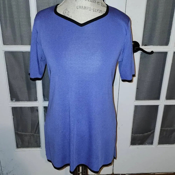 Exclusively Misook Womens Purple Black Short Sleeve Shirt Top Blouse Small - Picture 1 of 4